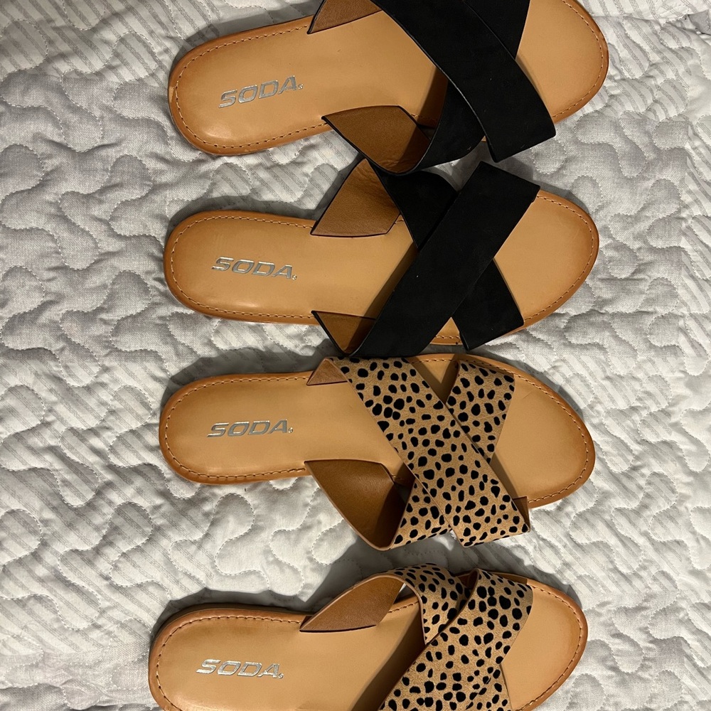 NWOT never worn 2 pairs soda sandals. Cheetah and black. Size 9
